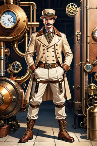 Industrial steampunk mechanic man, face marked by experience, moustache,  (cap:0.8), steampunk beige leather double-breasted jacket, beige tweed fabric puffed trousers, (leather laced boots:0.8), intricately detailed brass accessories. Masterpiece, illustration, extremely detailed, cinematic pose, industrial background