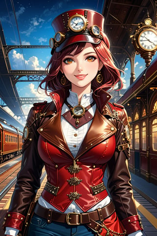 Very beautiful girl with a steampunk leather jacket, red waistcoat and hat, intricately detailed brass accessories. Masterpiece, illustration, extremely detailed, warmly smile, bright colors, dark light, railway station on background 