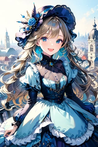 Very beautiful girl with a very ornated victorian bright blue dress, sumptuous hat, masterpiece, illustration, extremely detailed, beautiful detailed eyes, beautiful detailed mouth, warmly smile, (bright colors:1.4), city on background 