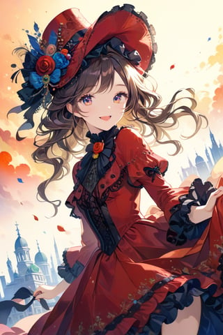 Very beautiful girl with a very ornated victorian silk red dress, sumptuous hat, masterpiece, illustration, extremely detailed, beautiful detailed eyes, beautiful detailed mouth, warmly smile, (bright colors:1.4), city on background 