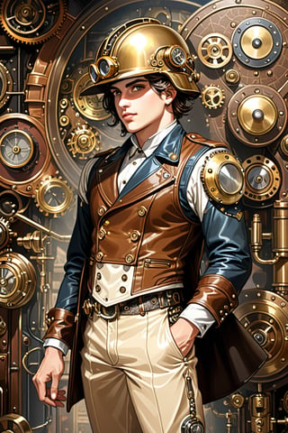 Very skilled industrial mechanic boy, with a steampunk leather double-breasted jacket, leather helmet, beige tweed puffed trousers, intricately detailed brass accessories. Masterpiece, illustration, extremely detailed, industrial deep background 