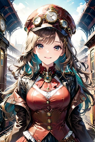 Very beautiful girl with a steampunk brown leather jacket, red waistcoat and hat, intricately detailed brass accessories. Masterpiece, illustration, extremely detailed, beautiful detailed eyes, beautiful detailed mouth, warmly smile, bright colors, railway station on background 