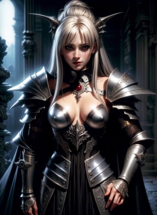 A vampire queen by Luis Royo, intricately ornated silver armor