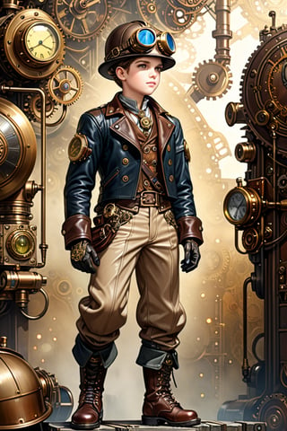 Very skilled industrial mechanic boy, with a steampunk leather double-breasted jacket, leather helmet and goggles, beige tweed puffed trousers, leather laced boots, intricately detailed brass accessories. Masterpiece, illustration, extremely detailed, industrial deep background, extreme image sharpness