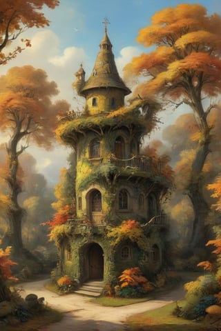 A mystical autumnal garden with a treehouse in the center, masterful whimsical topiary sculptures, baroque style vases, yellow, orange and red leaves, esotic birds, (multiple fantastic spirals of branches and leaves:1.9), dreamy atmosphere, golden vibes, romantic landscape. Masterpiece, rococo style, painted by Jean-Honoré Fragonard and Jan Bruegel