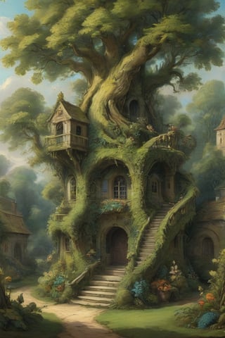 A mystical greenery garden with a treehouse in the center, masterful whimsical topiary sculptures, baroque style vases, flowers, esotic birds, (multiple fantastic spirals of branches and leaves:1.9), dreamy atmosphere, golden vibes, romantic landscape. Masterpiece, rococo style, painted by Francois Boucher and Jean-Honoré Fragonard