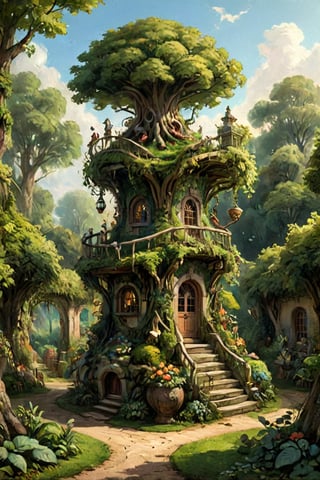 A mystical greenery garden with a treehouse in the center, masterful whimsical topiary sculptures, baroque style vases, flowers, esotic birds, (multiple fantastic spirals of branches and leaves:1.9), dreamy atmosphere, golden vibes, romantic landscape. Masterpiece, rococo style, painted by Francois Boucher and Jean-Honoré Fragonard