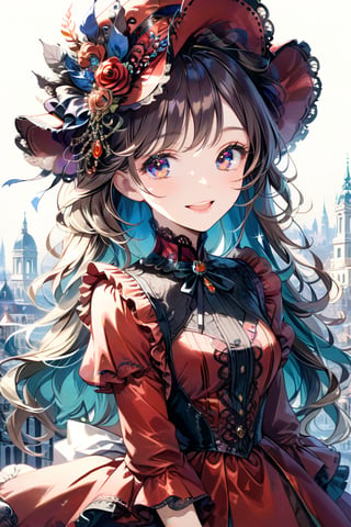 Very beautiful girl with a very ornated victorian bright red dress, sumptuous hat, masterpiece, illustration, extremely detailed, beautiful detailed eyes, beautiful detailed mouth, warmly smile, (bright colors:1.4), city on background 