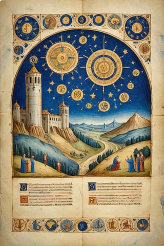 Round parchment page, (Full-page illustration with a blue background of an ancient illuminated codex:1.3), round arrangement, ink drawing with golden leaf and liquid gold insertions on parchment, art on a cracked paper of a wonderful (medieval castle in Italy:1.4),  14th century,  (golden ratio:1.3),  (medieval architecture:1.3), (mullioned windows:1.3), (brick wall:1.1),  (towers with merlons:1.2),  (set on top of a hill overlooking a valley:1.2),  beautiful blue sky (aerial view:1.2), (round zodiac:1.2), vignette,  highest quality. Masterpiece of a museum of art, in the style of Limbourg brothers,  award winning,  detailed and intricate,  masterpiece,  itacstl, real_booster, itacstl, on parchment, art_booster,