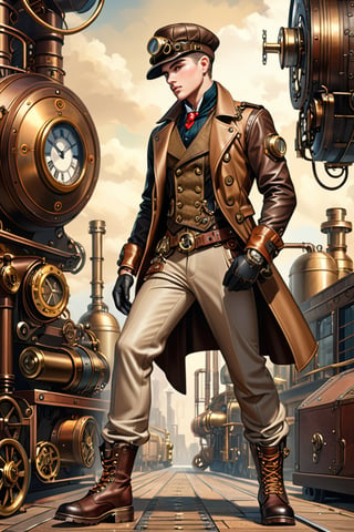 Industrial steampunk mechanic boy, perfectly detailed face, (cap:0.8), steampunk beige leather double-breasted jacket, beige tweed fabric puffed trousers, (leather laced boots:0.8), intricately detailed brass accessories. Masterpiece, illustration, extremely detailed, cinematic pose, industrial background