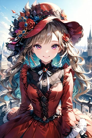 Very beautiful girl with a very ornated victorian bright red dress, sumptuous hat, masterpiece, illustration, extremely detailed, beautiful detailed eyes, beautiful detailed mouth, warmly smile, (bright colors:1.4), city on background 