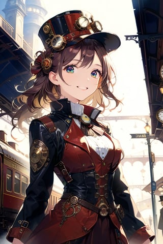 Very beautiful girl with a steampunk leather jacket, red waistcoat and hat, intricately detailed brass accessories. Masterpiece, illustration, extremely detailed, beautiful detailed eyes, beautiful detailed mouth, warmly smile, bright colors, dark light, railway station on background 