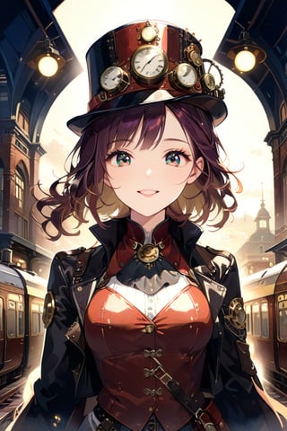 Very beautiful girl with a steampunk leather jacket, red waistcoat and hat, intricately detailed brass accessories. Masterpiece, illustration, extremely detailed, beautiful detailed eyes, beautiful detailed mouth, warmly smile, bright colors, dark light, railway station on background 