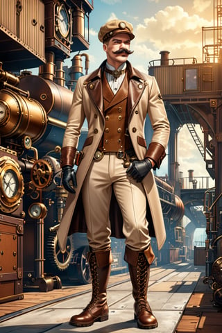 Industrial steampunk mechanic man, perfectly detailed face, moustache,  (cap:0.8), steampunk beige leather double-breasted jacket, beige tweed fabric puffed trousers, (leather laced boots:0.8), intricately detailed brass accessories. Masterpiece, illustration, extremely detailed, cinematic pose, industrial background