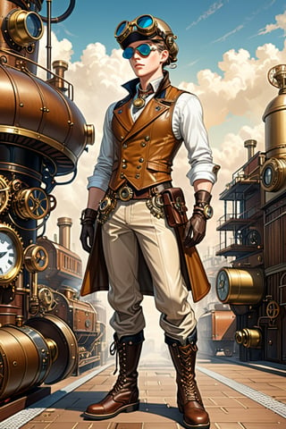 Industrial steampunk mechanic boy, perfectly detailed face, steampunk beige leather double-breasted jacket, leather helmet and goggles, beige tweed fabric puffed trousers, leather laced boots, intricately detailed brass accessories. Masterpiece, illustration, extremely detailed, industrial background