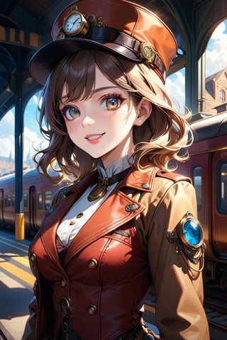 Very beautiful girl with a steampunk beige leather jacket, red waistcoat and hat, intricately detailed brass accessories. Masterpiece, illustration, extremely detailed, beautiful detailed eyes, beautiful detailed mouth, warmly smile, bright colors, railway station on background, complex_background 