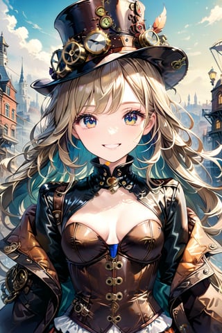 Very beautiful girl with a steampunk leather jacket, corset and hat, brass accessories. Masterpiece, illustration, extremely detailed, beautiful detailed eyes, beautiful detailed mouth, warmly smile, bright colors, city on background 