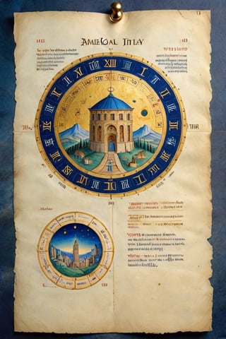 Round parchment page, (Full-page illustration with a blue background of an ancient illuminated codex:1.3), round arrangement, ink drawing with golden leaf and liquid gold insertions on parchment, art on a cracked paper of a wonderful (medieval castle in Italy:1.4),  14th century,  (golden ratio:1.3),  (medieval architecture:1.3), (mullioned windows:1.3), (brick wall:1.1),  (towers with merlons:1.2),  (set on top of a hill overlooking a valley:1.2),  beautiful blue sky (aerial view:1.2), (round zodiac calendar:1.2), vignette,  highest quality. Masterpiece of a museum of art, in the style of Limbourg brothers,  award winning,  detailed and intricate,  masterpiece,  itacstl, real_booster, itacstl, on parchment, art_booster,