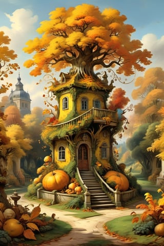 A mystical autumnal garden with a treehouse in the center, masterful whimsical topiary sculptures, baroque style vases, yellow, orange and red leaves, esotic birds, (multiple fantastic spirals of branches and leaves:1.9), dreamy atmosphere, golden vibes, romantic landscape. Masterpiece, rococo style, painted by Jean-Honoré Fragonard and Jan Bruegel