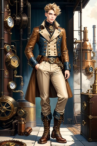 Industrial steampunk mechanic boy, perfectly detailed face, steampunk beige leather double-breasted jacket, beige tweed fabric puffed trousers, leather laced boots, intricately detailed brass accessories. Masterpiece, illustration, extremely detailed, industrial background