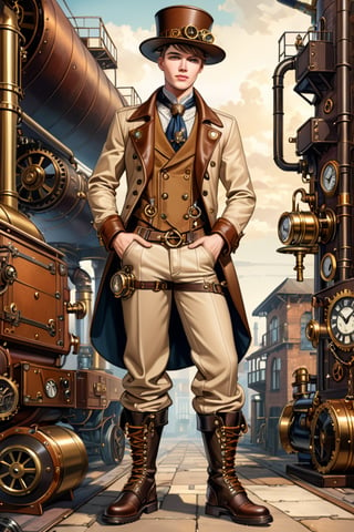 Industrial steampunk mechanic boy, perfectly detailed face, hat, steampunk beige leather double-breasted jacket, beige tweed fabric puffed trousers, leather laced boots, intricately detailed brass accessories. Masterpiece, illustration, extremely detailed, industrial background