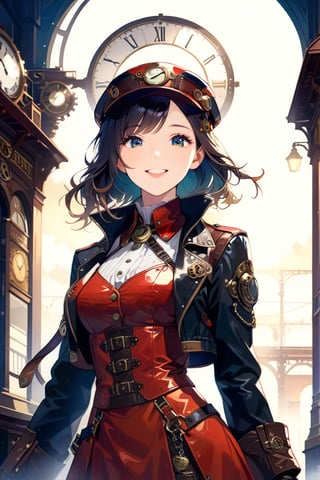 Very beautiful girl with a steampunk leather jacket, red waistcoat and hat, intricately detailed brass accessories. Masterpiece, illustration, extremely detailed, beautiful detailed eyes, beautiful detailed mouth, warmly smile, bright colors, dark light, railway station on background 