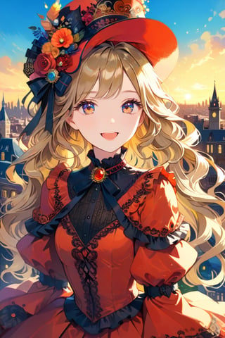 Very beautiful girl with a very ornated victorian red dress, sumptuous hat, masterpiece, illustration, extremely detailed, beautiful detailed eyes, beautiful detailed mouth, warmly smile, golden hair, (bright colors:1.4), city on background 