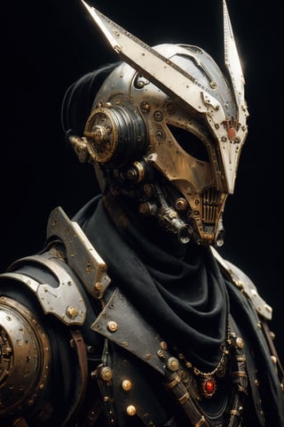 Three-quarter shot, steampunk surreal robot, venetian carnival mask, bone surfaces, high surreal helmet, leather clothes, vivid colors, red, white, majestic pose, cinematic, dark shot, film grain, blur, spooky, black background, 3d style, masterpiece,DonM0ccul7Ru57,Robot