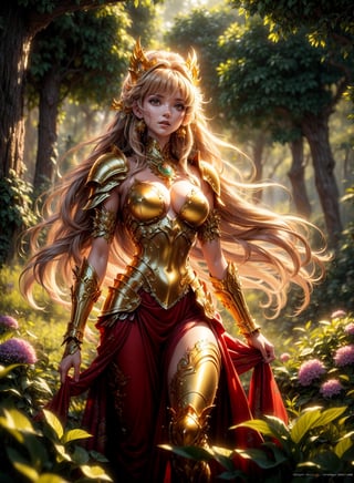 A saint seiya armored girl by Luis Royo, intricately ornated golden armor over a red dress, (small breast), shiny gold, richly jeweled, greenery forest background, bright colored flowers