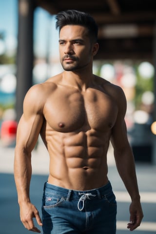 1 man,shredded,adjusting hairs,upper body,lean body,abs,perfect biceps,perfect triceps,beach,medium length hairs,sharp focus,walking,looking to the viewer,3d,5d,metal reflection,8k,16k,highly detailed,masterpiece,hyper deatailed,natural,skin,white,set hairs,bokeh,blurred background,highly focused