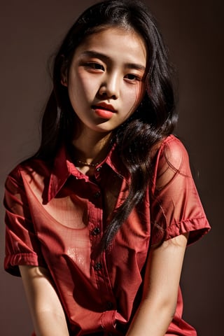 16 years old girl, black hair, round face, big eye,. Big lips, bigger breast, slightly transparent red shirt, mild tone skin, 8k high resolution, blank background 