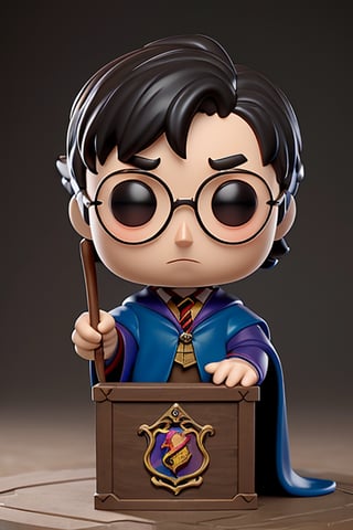 (Funko harry potter Pop,) original box, hyper realistic, detailed, 3D, original, hogwarts costume, wizard's wand,(( harry potter)), magic, plastic doll, realistic, details, shadows, ultra definition, hd, jpg, eye details, well defined colors. 