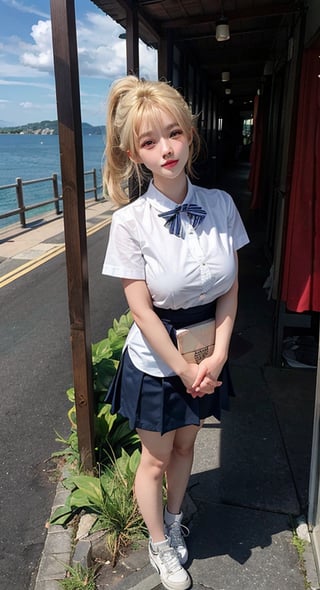 lanky legs, legs apart, presenting legs, a beautiful young girl, blonde, (hi-top fade:1.3), sunshine, seaside, stand, gigantic breast, ponytail, full body, realistic skin, head tilt, detailed eyes and face, blushing, ashamed, blue eyes, symmetry smile eyes,
japan school uniform, white shirt, deep_blue_shortskirt, ultra detailed finger, two bare long legs, white-skinned girl, depth_of_field, motion_blur, spots shot, full body shoot, jk_lure_dress2