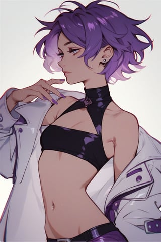 Score_9_up,score_8_up,Digital ,Digit4l,solo, Girl, purple hair, purple and white open coat, short blouse above purple navel, purple nails, short hair,    
