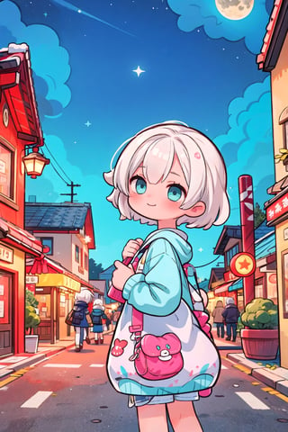 (masterpiece), (outdoors, night, scenery:1.2), starry sky, town, 1girl, smile, white hair, medium hair, aqua eyes