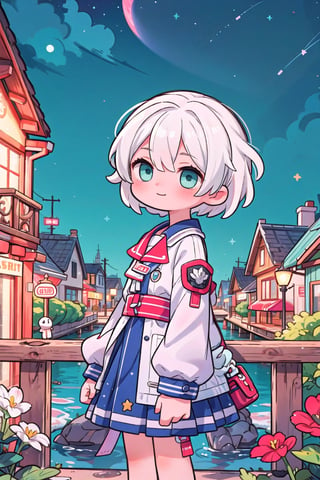 (masterpiece), (outdoors, night, scenery:1.2), starry sky, town, 1girl, smile, white hair, medium hair, aqua eyes