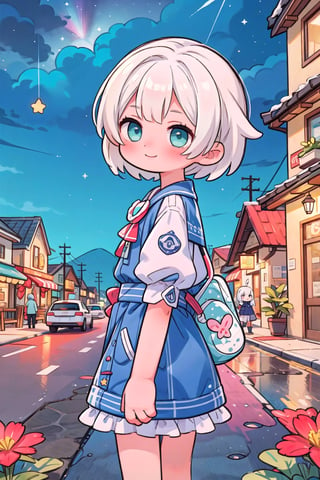 (masterpiece), (outdoors, night, scenery:1.2), starry sky, town, 1girl, smile, white hair, medium hair, aqua eyes