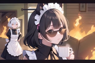 (masterpiece), (fire:1.4), indoors, mug, (multiple girls, 2girls:1.2), silver hair, medium hair, sidelocks, maid apron, cat ears, (black hair:1.13), (maid headdress:1.2), (sunglasses:1.2), IncrsThisIsFineMeme,incrsdealwithit