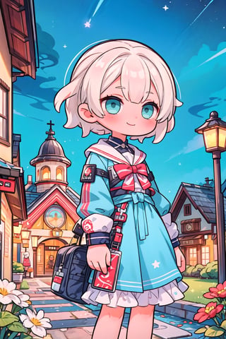 (masterpiece), (outdoors, night, scenery:1.2), starry sky, town, 1girl, smile, white hair, medium hair, aqua eyes