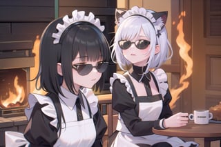 (masterpiece), (fire:1.4), indoors, sitting, table, mug, (multiple girls, 2girls:1.2), silver hair, medium hair, sidelocks, maid apron, cat ears, (black hair:1.13), (maid headdress:1.2), (sunglasses:1.2), IncrsThisIsFineMeme,incrsdealwithit