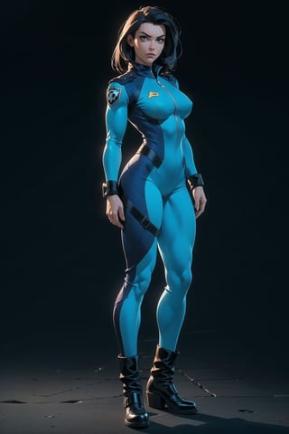 ((Marvel comics Shield agent)), 1 Woman (Masterpiece, highly detailed, extremely detailed, HD), (best quality, ultra-detailed, best shadow), (detailed background), (beautifully detailed face, beautiful detailed eyes), full body, one Woman, ((agents are typically depicted wearing a form-fitting jumpsuit as their standard uniform. The jumpsuit is often one solid color, commonly blue or black, and may have subtle details like piping or seams.)), Big Black Boots, perfect fingers, perfect hands, r1ge,3DMM, SAM YANG, Scary, both feet on the ground in a firm stance, Upright, Huge muscular build, Upright, and Arms and hands outward away from the body, ((Standing up straight))  ((Feet slightly Apart)) Arms and hands are outward away from the body, Medium boobs