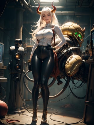 A woman, wearing white wick costume with dark red parts, very tight costume on the body, ((gigantic breasts, perfect body)), hair with green lock, hair straight, hair with bangs in front of the eyes, (((horns on the head)), looking at the viewer, (((pose with interaction and leaning on [something|an object]))), in a laboratory, with computers, machines, vehicles,  windows, lights inside pipes, ((full body):1.5), 16k, UHD, best possible quality, ultra detailed, best possible resolution, Unreal Engine 5, professional photography, well-detailed fingers, well-detailed hand, perfect_hands, perfect, ((super metroid))