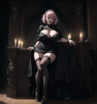 A gothic-lolita style masterpiece with realistic details, rendered in ultra-high resolution. | A young 22-year-old woman with pink hair and yellow eyes wears an elegant and provocative maid outfit. The black dress with white lace and the white apron with lace details highlight her sensual curves. She also wears black stockings and black low-heeled shoes, as well as accessories such as a pink heart pendant and a black leather bracelet. ((The young woman smiles at the viewer, showing her white teeth and wearing black lipstick)), creating a charming contrast to her sweet and innocent appearance. | The scene takes place in a macabre house, poorly lit by candles scattered throughout the room. The wooden structures, cobwebs hanging from the walls, and skulls and bones scattered across the floor create a spooky and mysterious atmosphere. The young woman stands out amidst this dark backdrop, adding a layer of beauty and fascination to the image. | Soft, moody lighting effects create a gothic mood, while detailed textures on clothing, accessories and set elements add realism to the masterpiece. | An intriguing and compelling scene of a young gothic-lolita woman in a macabre house, exploring themes of contrast, beauty and mystery. | (((((The image reveals a full-body shot as she assumes a sensual pose, engagingly leaning against a structure within the scene in an exciting manner. She takes on a sensual pose as she interacts, boldly leaning on a structure, leaning back in an exciting way.))))). | ((full-body shot)), ((perfect pose)), ((perfect fingers, better hands, perfect hands)), ((perfect legs, perfect feet)), ((huge breasts)), ((perfect design)), ((perfect composition)), ((very detailed scene, very detailed background, perfect layout, correct imperfections)), More Detail, Enhance