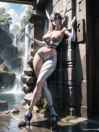 angewomon, gigantic breasts, wearing metallic visor on the face, dark blonde hair, hair with bangs in front of the eyes, (looking at the viewer), (((sensual pose+Interacting+leaning on anything+object+leaning against))), in an ancient temple in a waterfall on top of the mountains at night, with many structures, altars with ancient writings, large statues of ancient gods, 16K, UHD, (full body:1.5), unreal engine 5, quality max, max resolution, ultra-realistic, ultra-detailed, maximum sharpness, ((perfect_hands)), ((perfect_legs)), Goodhands-beta2, ((angewomon, gigantic breasts)), ANIME_angewomon