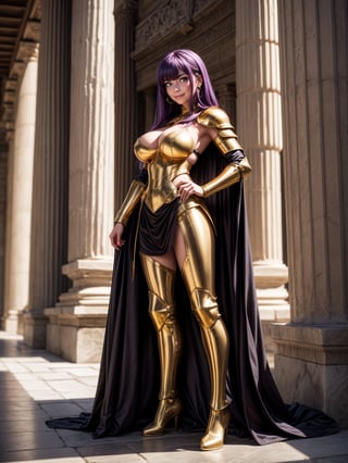 Woman, wearing the golden armor of the Sign of Libra with several gold weapons attached to the armor, extremely tight and tight on the body, straight purple hair, hair with bangs in front of the eye, ((gigantic breasts)), ((pose, leaning against a structure)), staring at the viewer, in the temple of the knight of Sagittarius of ancient Greece, marble pillars, large altars with armor, near a waterfall, is by day, (((full body))), 16k, UHD, better quality, better resolution, better detail, light and shadow effects,
