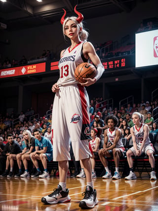 Yamato as a basketball player, wearing white basketball player costume with black parts, white pants with blue stripes, extremely short and tight suit and pants on the body, monstrously gigantic breasts, white hair with green locks, hair with ponytail, bangs in front of the eyes, red horns on the head, looking at the spectator, (((erotic pose interacting and leaning on an object))), on an NBA basketball court, multiple people in the stands, multiple basketball players, scoreboard, basketball naps, court with bright floor, it's daytime, ((full body):1.5). 16k, UHD, best possible quality, ((best possible detail):1), best possible resolution, Unreal Engine 5, professional photography,