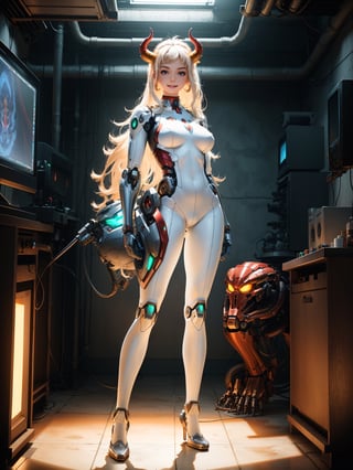 A woman, wearing white wick suit + red robotic costume, very tight costume on the body, ((gigantic breasts, perfect body)), hair with green lock, straight hair, hair with bangs in front of the eyes, (((horns on the head)), looking at the viewer, (((pose with interaction and leaning on [something|an object]))), in a laboratory, with computers, machines, vehicles, windows, lights inside pipes, ((full body):1.5), 16k, UHD, best possible quality, ultra detailed, best possible resolution, Unreal Engine 5, professional photography, well-detailed fingers, well-detailed hand, perfect_hands, perfect, ((super metroid)), ((mecha)) + ((robotic))