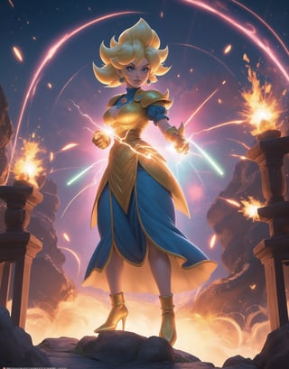 Masterpiece in 4K, anime style fused with influences from Dragon Ball Z. | In an enchanted kingdom, Princess Peach, known for her elegance, transforms into a Super Saiyan. Her dress flutters with intense energy, golden hair radiates power, and blue eyes shine with determination. She floats in the air, surrounded by an aura of glowing energy as she releases powerful waves of ki. The Mushroom Kingdom setting is lit by sparks of energy, creating an epic scene of transformation. | Low angle composition, highlighting the majesty of the transformation. Light effects intensify the details of the scene, highlighting the vibrant colors of the transformation. | An empowered Princess Peach, becoming a Super Saiyan in an epic transformation scene. | She is adopting a ((dynamic pose as interactions, boldly leaning on a large structure in the scene, leaning back in a dynamic way, adding a unique touch to the scene):1.3), The camera angle is too close to her, ( (Full body image)), perfect hand, fingers, hand, perfect, better_hands, More Detail