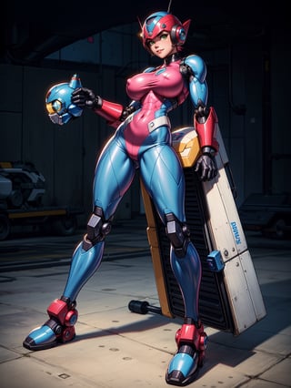 A fairy woman, wearing ((white mecha costume with parts in pink, gigantic breasts, cybernetic helmet)), very short hair, blue hair, messy hair, hair with bangs in front of eyes, magical aura around the body, (((looking at the viewer, sensual pose with interaction and leaning on anything+object+on something+leaning against+leaning against))) on a military base with many vehicles, machines, robots, ((full body):1.5); 16K, UHD, unreal engine 5, quality max, max resolution, ultra-realistic, ultra-detailed, maximum sharpness, ((perfect_hands): 1), Goodhands-beta2, ((MegaMan X))+((metal gear solid 3))