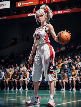 Yamato as a basketball player, wearing white basketball player costume with black parts, white pants with blue stripes, extremely short and tight suit and pants on the body, monstrously gigantic breasts, white hair with green locks, hair with ponytail, bangs in front of the eyes, red horns on the head, looking at the spectator, (((erotic pose interacting and leaning on an object))), on an NBA basketball court, multiple people in the stands, multiple basketball players, scoreboard, basketball naps, court with bright floor, it's daytime, ((full body):1.5). 16k, UHD, best possible quality, ((best possible detail):1), best possible resolution, Unreal Engine 5, professional photography, nsfw